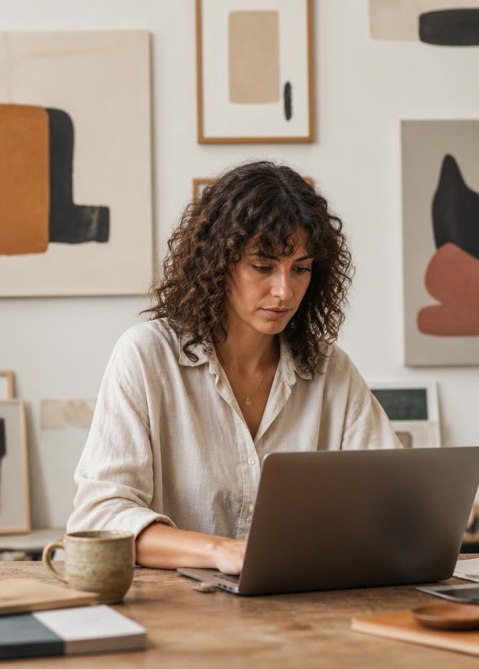 Creator writing feedback on a laptop in a studio